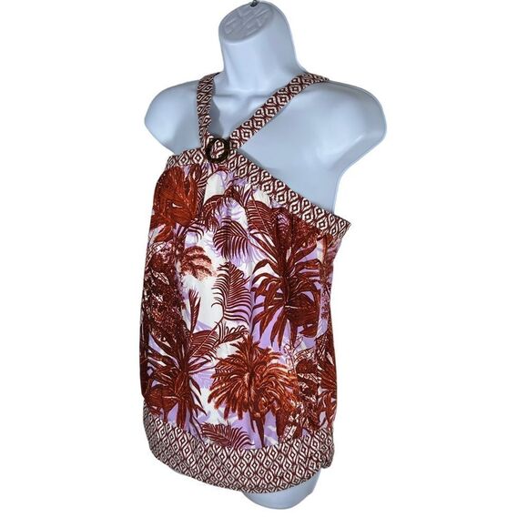 Jantzen Brown and Lilac Palm Tree Print Halter Style Tankini - Picture 4 of 8